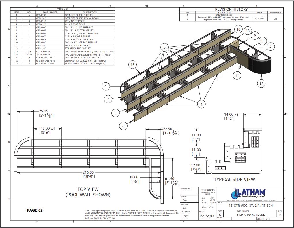 18' Straight Step Polymer 2'R 3-Tread w/ Right Bench